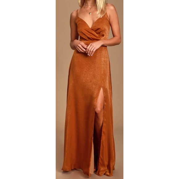 Lulus Dresses & Skirts - LULU'S SZ M Constantine Rust Orange Satin Aline Slit Maxi Dress NWT 0B8